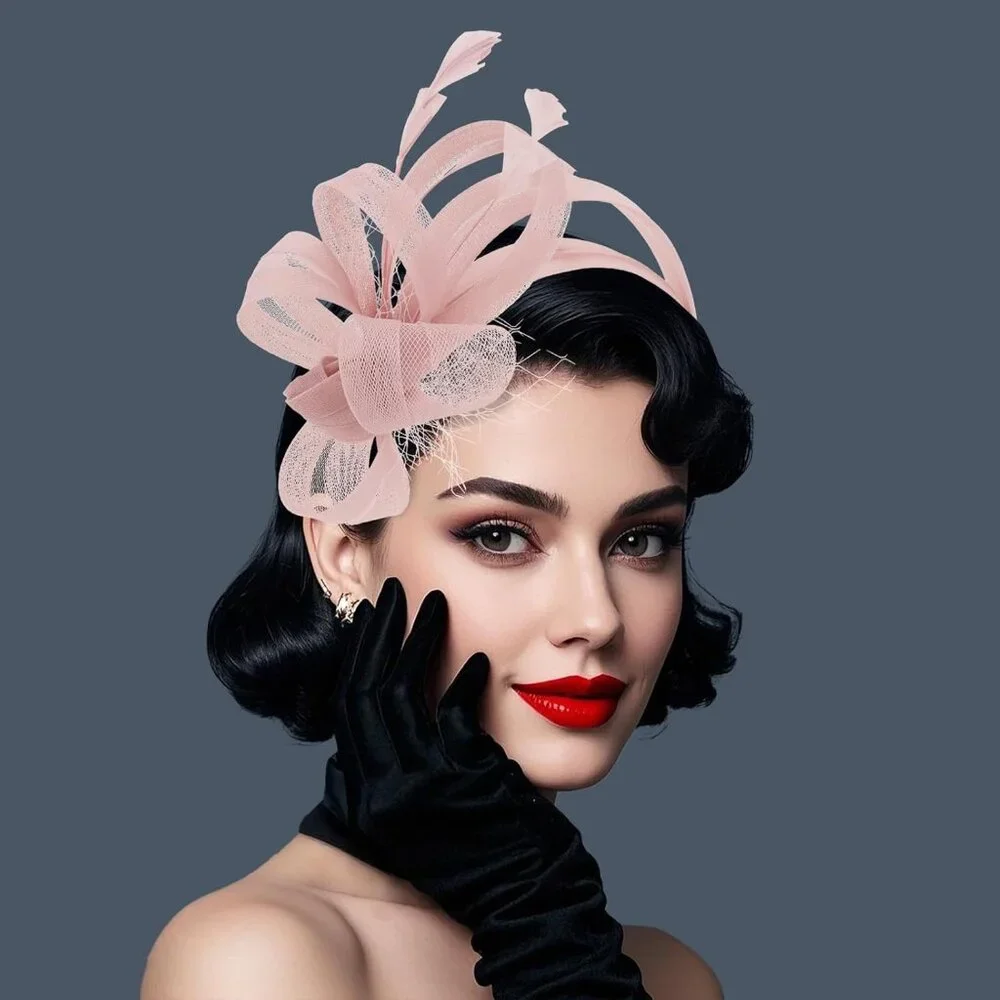 Fascinators Hats Headband with Clips Feather Pink Tea Party Derby Hats Dress 192 - Picture 7 of 7